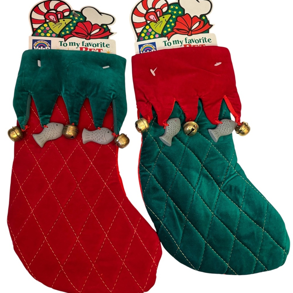 Velvet 12 Inch Bell + Fish Red & Green Elf Stocking Christmas Holiday Hanging
